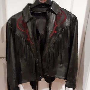 Black leather jacket w fringe and red roses